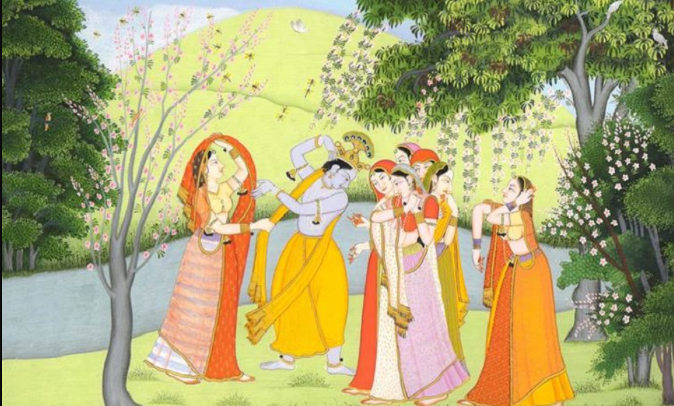 Radha and Krishna among the gopis under flowering trees, Kangra school