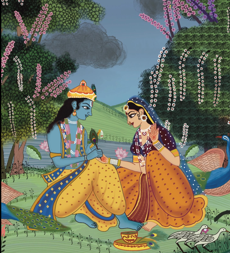 Radha and Krishna seated together in a grove with peacocks and lotuses