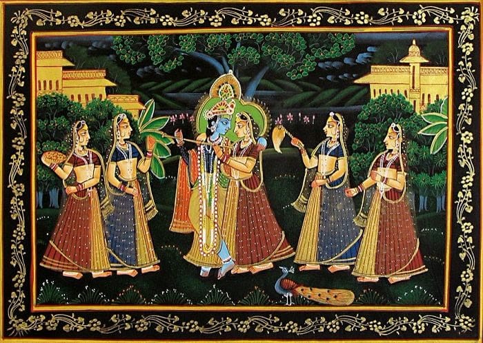 Krishna playing the flute among gopis in a dark grove, framed by a gold floral border