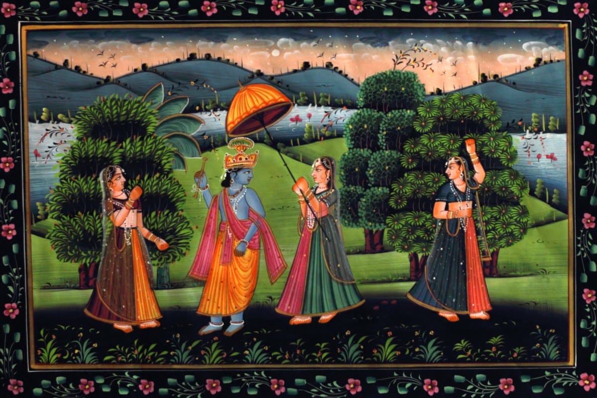 Krishna under a royal parasol walking with gopis among dense trees beside a river, hills behind