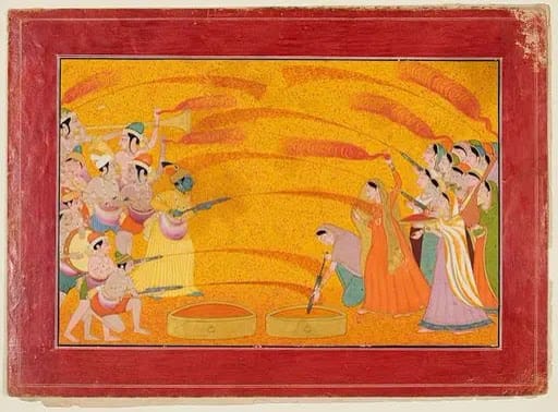 Krishna and his companions playing Holi with the gopis, sprays of colour arcing across a saffron ground
