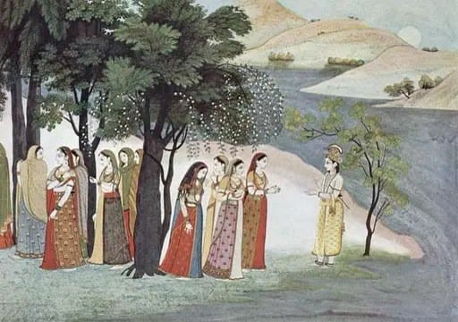 Krishna meeting a group of gopis on a misty riverbank beneath a rising moon, Pahari painting