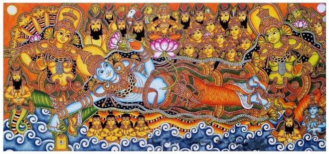 Vishnu reclining on the serpent Ananta above the ocean, sages and gods crowding behind, Kerala mural