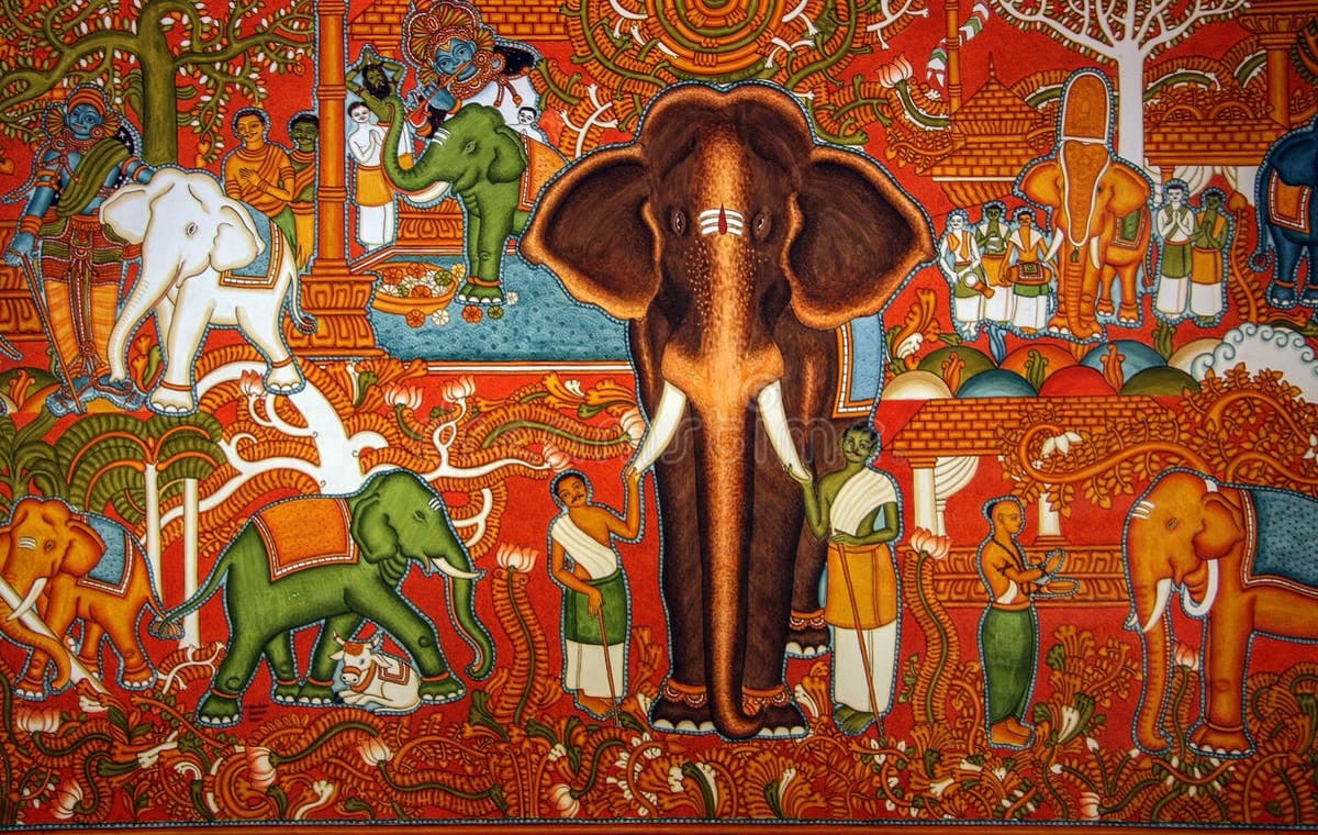 Caparisoned temple elephants and attendants on a red ground, Kerala mural