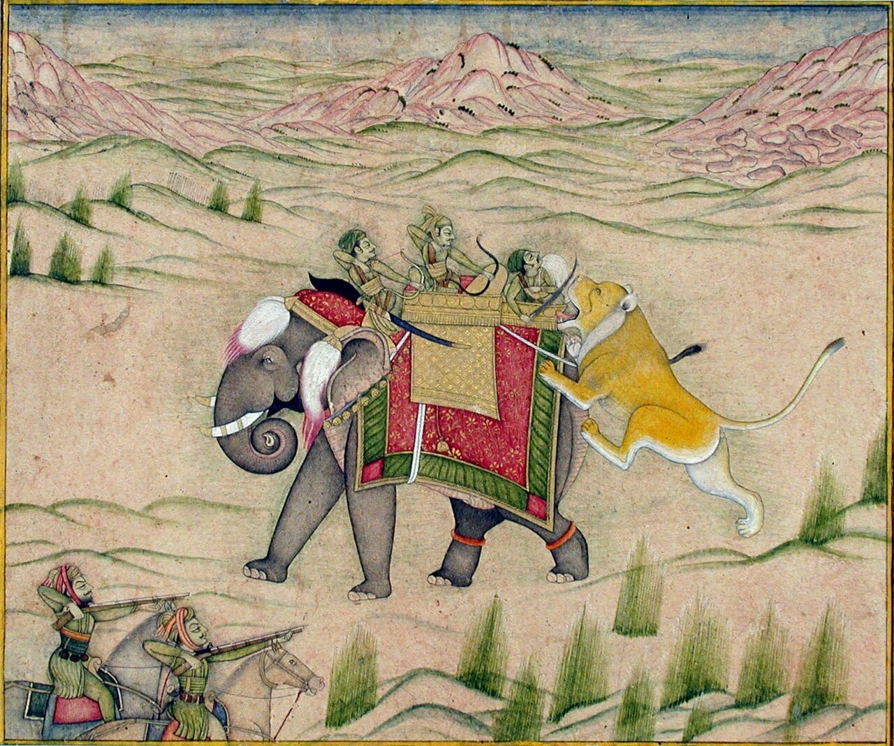 Kishangarh painting of a royal elephant fighting a lion, archers in the howdah, horsemen below and pink hills receding to the horizon