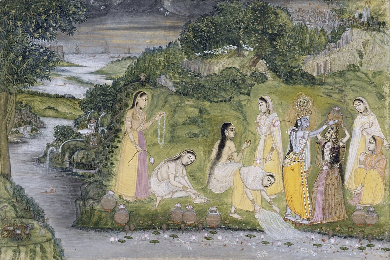Kishangarh painting of Krishna among gopis at the water’s edge, a river and lake receding past hills and a distant town
