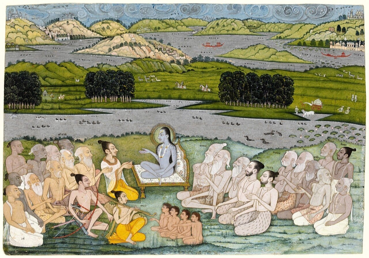 Kishangarh painting of a sage teaching an assembly on a riverbank, with green hills, lakes, boats and towns receding to a high horizon