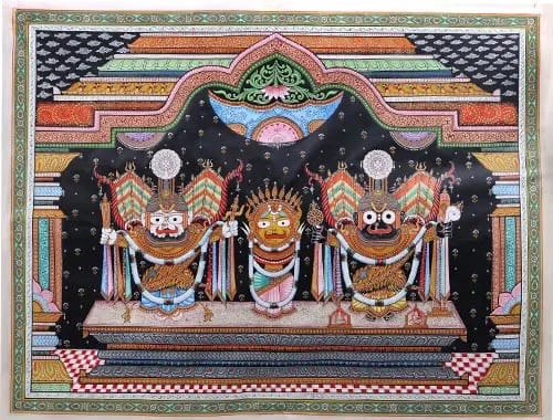 Jagannath, Balabhadra and Subhadra enthroned against a dark patterned ground, Pattachitra of Puri