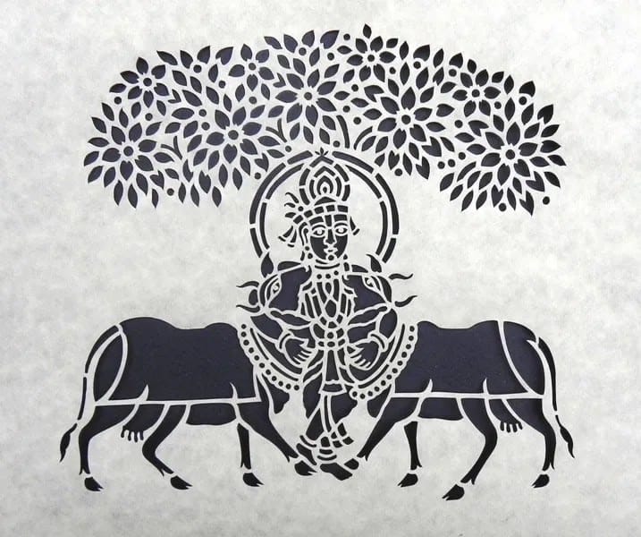 Sanjhi paper-cut of Krishna seated between two cows beneath a kadamba tree