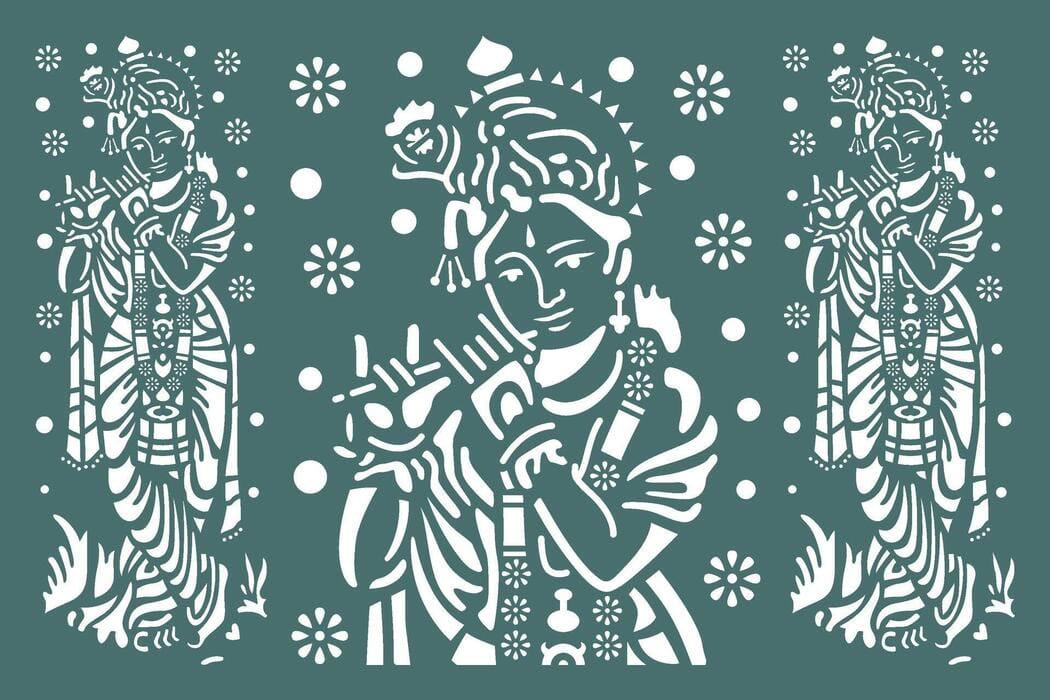 Paper-cut Sanjhi stencil of Krishna with his flute, the figure repeated across a green ground